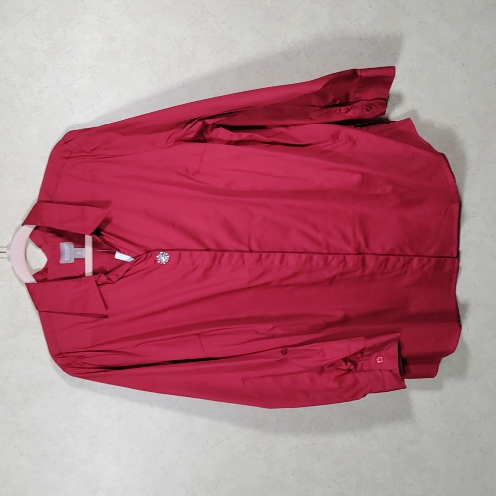 G162 Chico's deep red long or tabbed sleeve button blouse 3 XL NWT